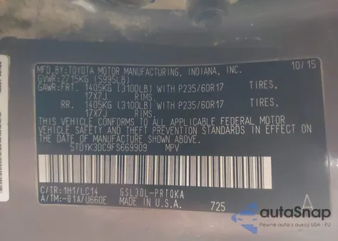 2015 Toyota Sienna Xle 8 Passenger из США, поврежденный, VIN 5TDYK3DC9FS669909